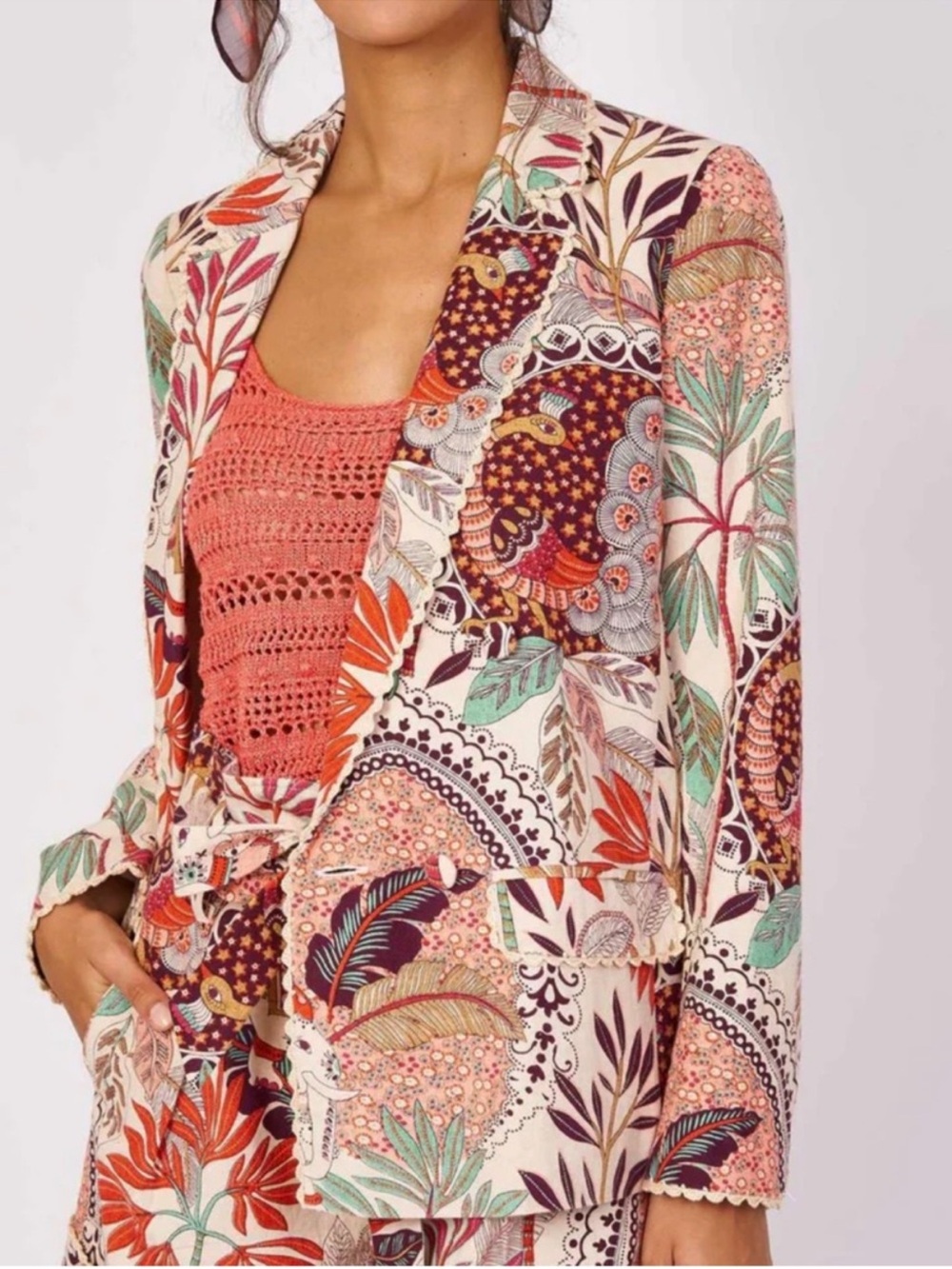 EUC Rene Derhy Linen Blend Tropical Floral Blazer Size Medium